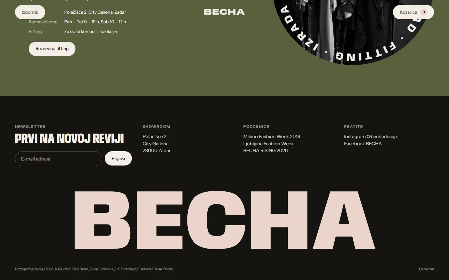 Becha Design: podnožje s prijavom na newsletter i velikim natpisom BECHA.