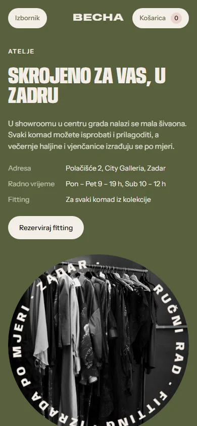 Becha Design na mobitelu: atelje i rezervacija fittinga.