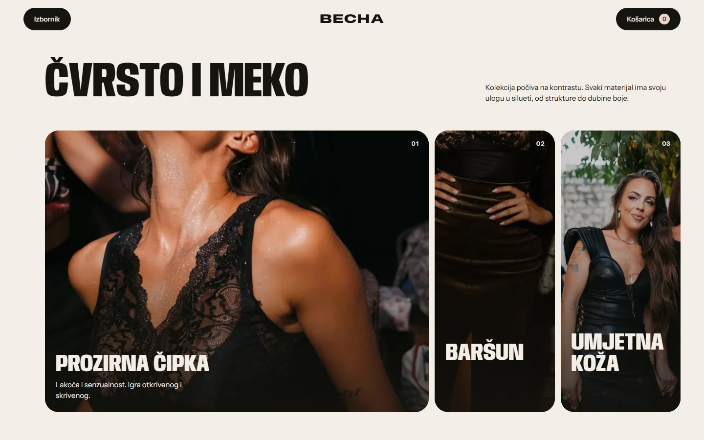 Becha Design: materijali kolekcije, prozirna čipka, baršun i umjetna koža.