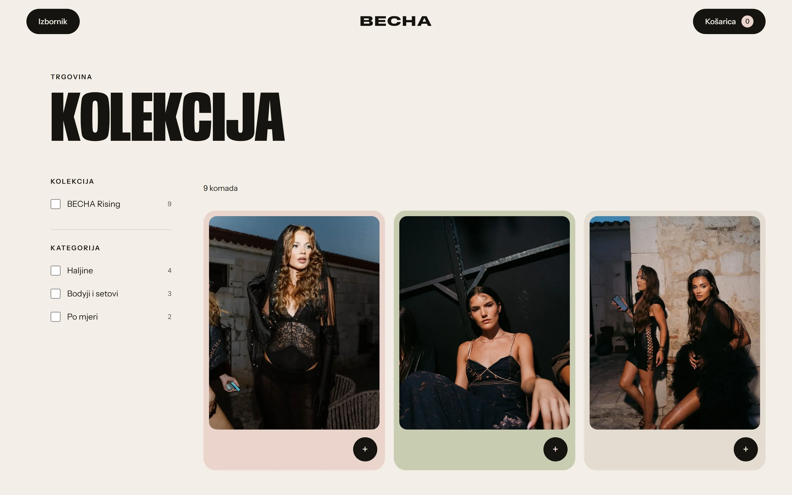 Becha Design: trgovina s kolekcijom, filtrima po kategoriji i karticama komada.